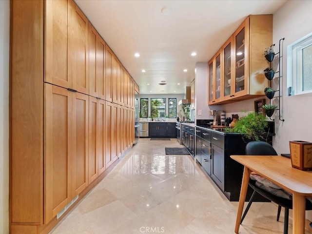2080 Saint Louis Ave, Signal Hill, CA 90755 - kitchen featuring wall chimney range hood, stainless steel dishwasher, glass insert cabinets, and recessed lighting