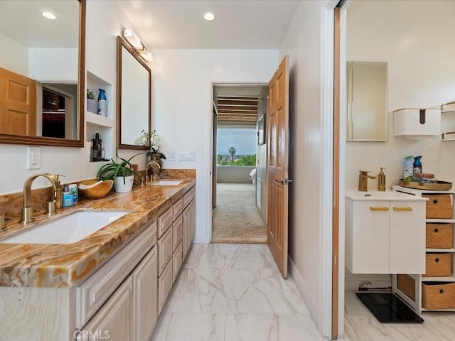 2080 Saint Louis Ave, Signal Hill, CA 90755 - bathroom with recessed lighting, double vanity, marble finish floor, and a sink