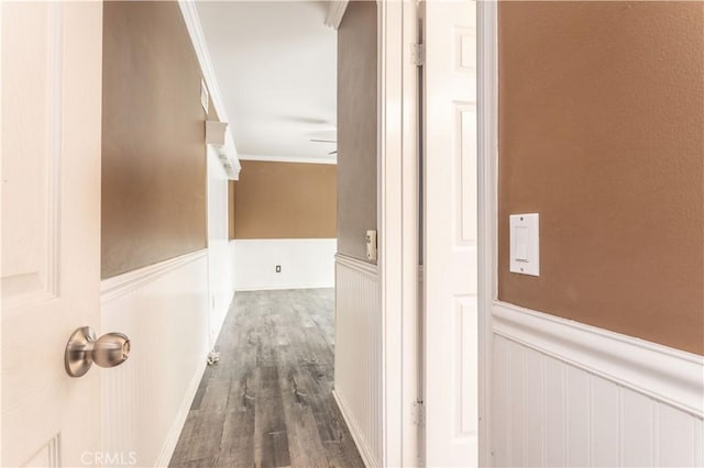18715 Plummer St, Northridge, CA 91324 - hall with wainscoting, dark wood-type flooring, a decorative wall, and crown molding