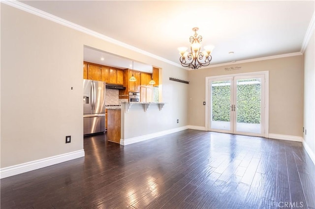 18715 Plummer St, Northridge, CA 91324 - unfurnished living room with a chandelier, baseboards, crown molding, dark wood-style floors, and french doors