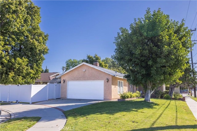 18715 Plummer St, Northridge, CA 91324 - view of front facade featuring stucco siding, an attached garage, concrete driveway, and a chimney