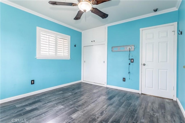 18715 Plummer St, Northridge, CA 91324 - unfurnished bedroom with dark wood-style floors, ornamental molding, baseboards, a closet, and ceiling fan