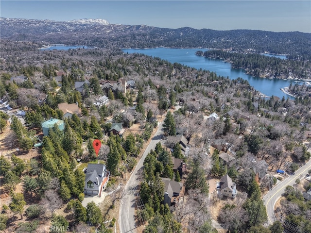 drone / aerial view with a forest view and a water and mountain view