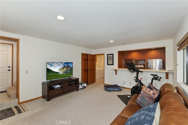 living area featuring recessed lighting, carpet, and baseboards