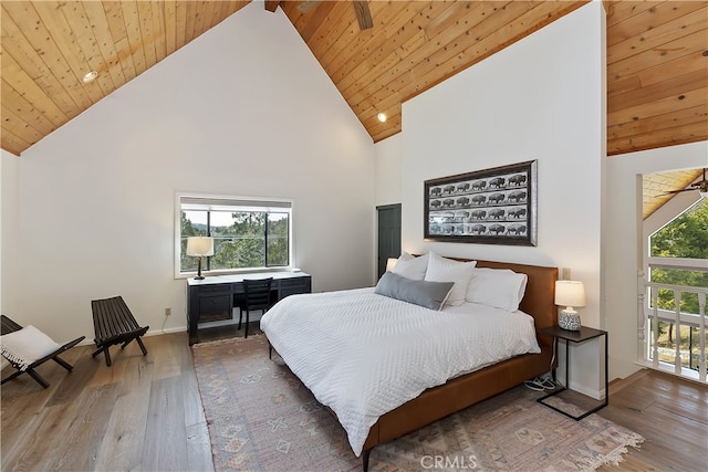 bedroom featuring multiple windows, wood ceiling, and hardwood / wood-style floors