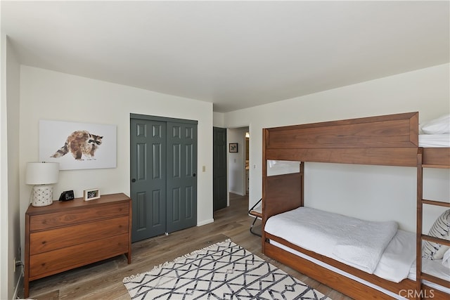 bedroom featuring wood finished floors and a closet