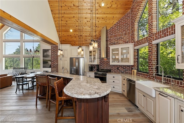 kitchen with high vaulted ceiling, a sink, stainless steel appliances, wall chimney exhaust hood, and light wood-type flooring