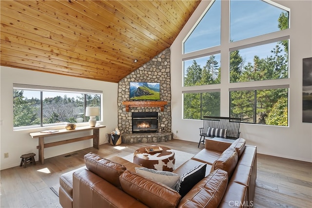 living area with a stone fireplace, high vaulted ceiling, wood ceiling, and hardwood / wood-style flooring
