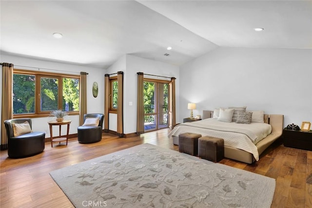 24925 Vista Verenda, Woodland Hills, CA 91367 - bedroom featuring access to outside, lofted ceiling, wood finished floors, recessed lighting, and baseboards