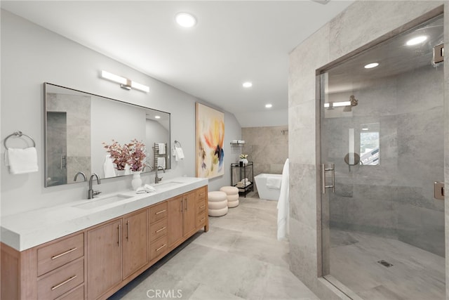 15 Vista De Catalina N, Laguna Beach, CA 92651 - full bath featuring a stall shower, a freestanding tub, recessed lighting, and double vanity