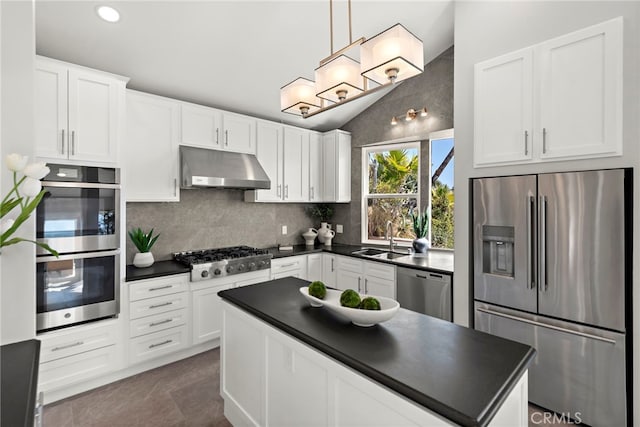 15 Vista De Catalina N, Laguna Beach, CA 92651 - kitchen with appliances with stainless steel finishes, under cabinet range hood, dark countertops, a sink, and tasteful backsplash
