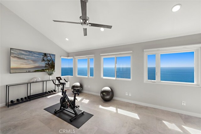 15 Vista De Catalina N, Laguna Beach, CA 92651 - workout room with vaulted ceiling, ceiling fan, recessed lighting, baseboards, and a water view