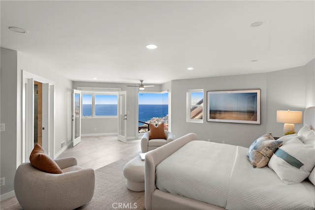 15 Vista De Catalina N, Laguna Beach, CA 92651 - bedroom with a water view, access to outside, baseboards, recessed lighting, and ceiling fan