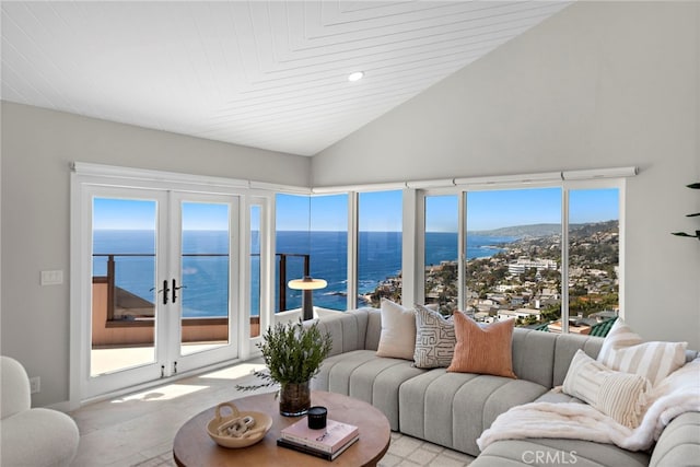 15 Vista De Catalina N, Laguna Beach, CA 92651 - living area with french doors, high vaulted ceiling, and a water view