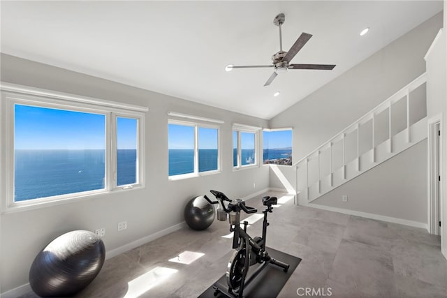 15 Vista De Catalina N, Laguna Beach, CA 92651 - workout area featuring vaulted ceiling, a ceiling fan, healthy amount of natural light, recessed lighting, and baseboards