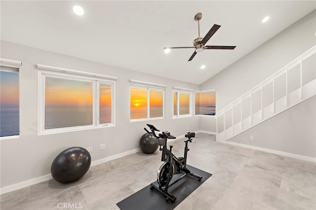 15 Vista De Catalina N, Laguna Beach, CA 92651 - exercise room featuring vaulted ceiling, a ceiling fan, recessed lighting, and baseboards