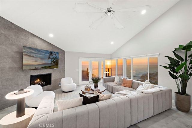 15 Vista De Catalina N, Laguna Beach, CA 92651 - living area with recessed lighting, high vaulted ceiling, and a tile fireplace