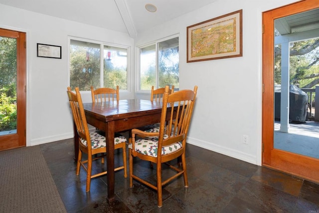 27509 Mountain Meadow Rd, Escondido, CA 92026 - dining room featuring beamed ceiling, healthy amount of natural light, and baseboards