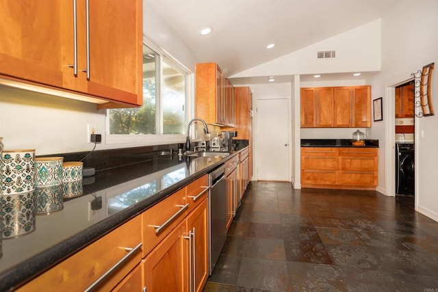 27509 Mountain Meadow Rd, Escondido, CA 92026 - kitchen with washer / clothes dryer, brown cabinetry, a sink, lofted ceiling, and stainless steel dishwasher