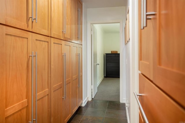 27509 Mountain Meadow Rd, Escondido, CA 92026 - hallway featuring crown molding, dark carpet, and baseboards