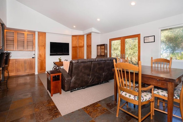 27509 Mountain Meadow Rd, Escondido, CA 92026 - dining space with lofted ceiling, recessed lighting, french doors, and dark stone finish flooring