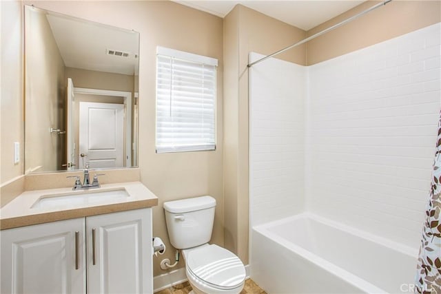 bathroom featuring toilet, shower / bathtub combination with curtain, vanity, and visible vents