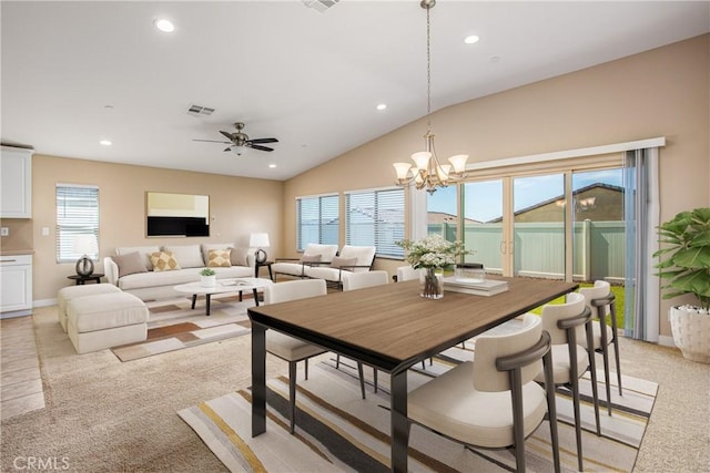 dining space featuring visible vents, recessed lighting, light carpet, and ceiling fan with notable chandelier