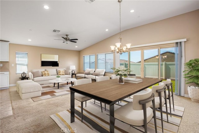 1567 Park Haven Dr, Beaumont, CA 92223 - dining room featuring light colored carpet, recessed lighting, a chandelier, a ceiling fan, and vaulted ceiling