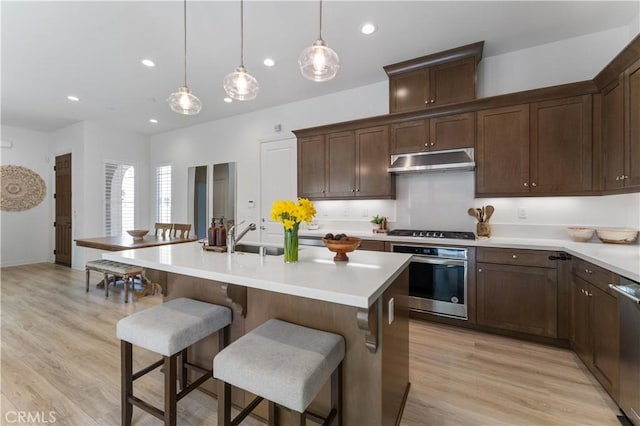kitchen with a sink, light wood-type flooring, stainless steel appliances, light countertops, and under cabinet range hood