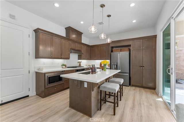 kitchen with under cabinet range hood, appliances with stainless steel finishes, light wood-style floors, and a healthy amount of sunlight
