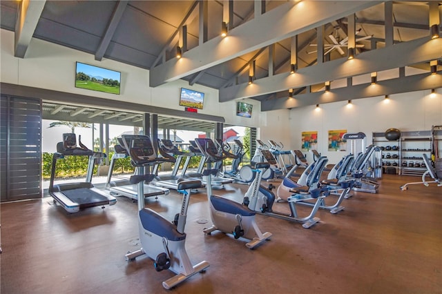 exercise room with high vaulted ceiling