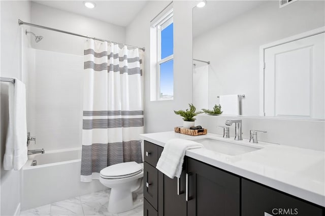 bathroom with marble finish floor, toilet, recessed lighting, vanity, and shower / bath combination with curtain