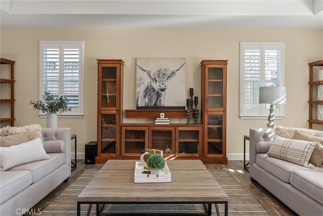 living room featuring baseboards, dark wood-style floors, and a healthy amount of sunlight