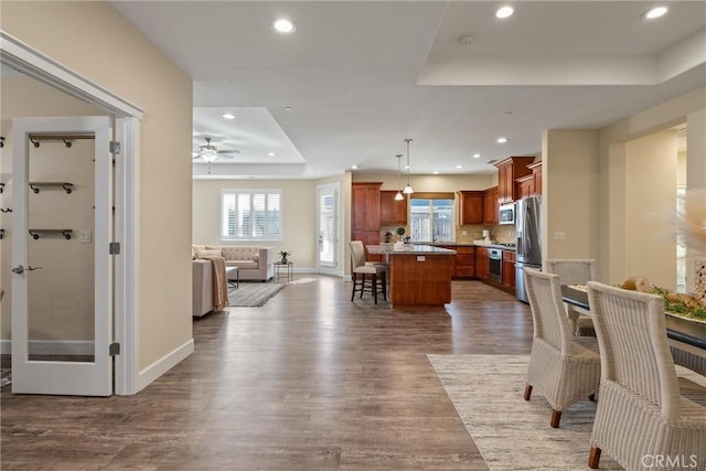 interior space featuring open floor plan, a tray ceiling, appliances with stainless steel finishes, a kitchen bar, and dark wood-style flooring