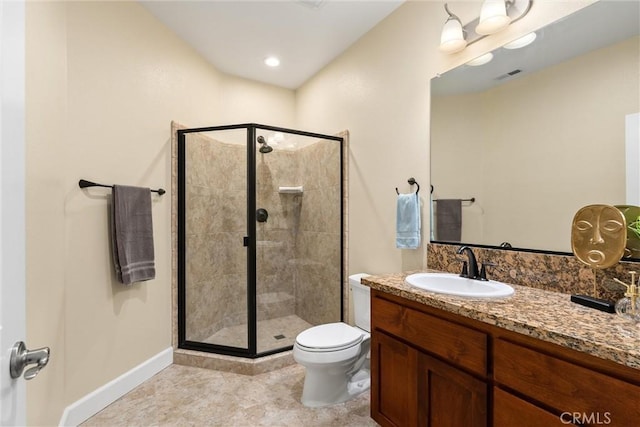 bathroom with baseboards, visible vents, toilet, and a stall shower