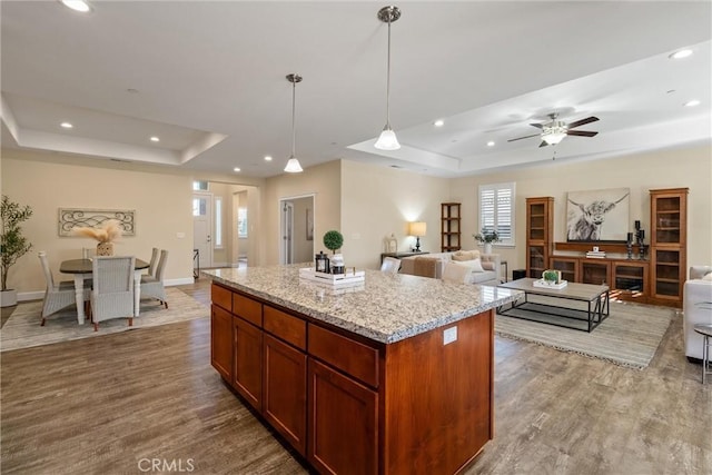 kitchen with recessed lighting, open floor plan, wood finished floors, and a raised ceiling