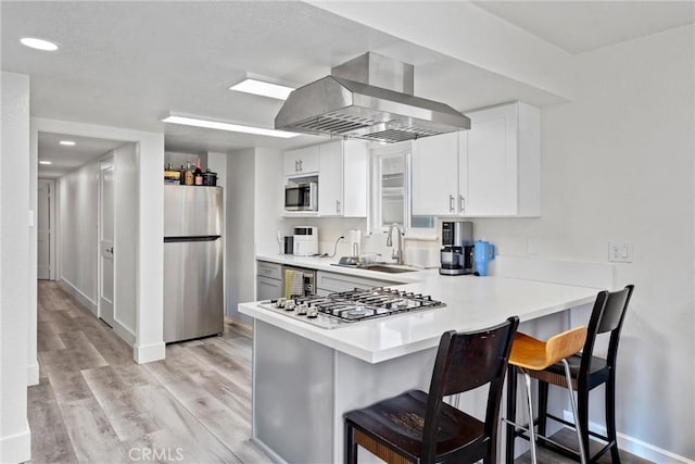 kitchen with extractor fan, light wood-type flooring, appliances with stainless steel finishes, a peninsula, and a sink