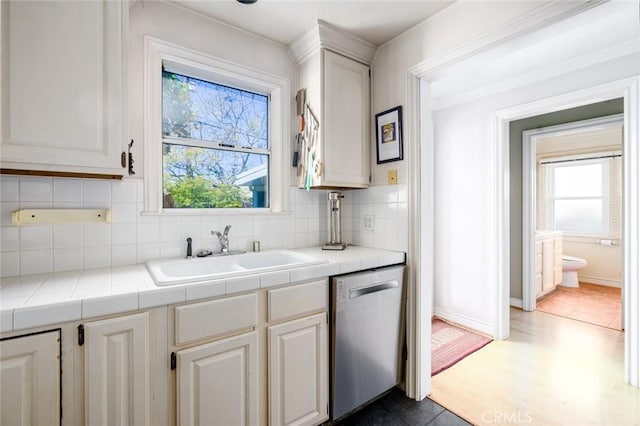 kitchen featuring decorative backsplash, a sink, stainless steel dishwasher, and plenty of natural light