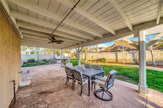 view of patio / terrace with a ceiling fan, outdoor dining space, and a fenced backyard
