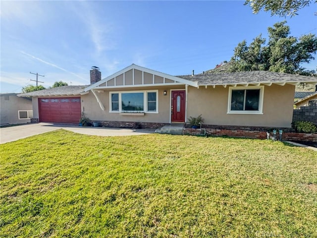 single story home featuring a chimney, stucco siding, driveway, a front lawn, and an attached garage