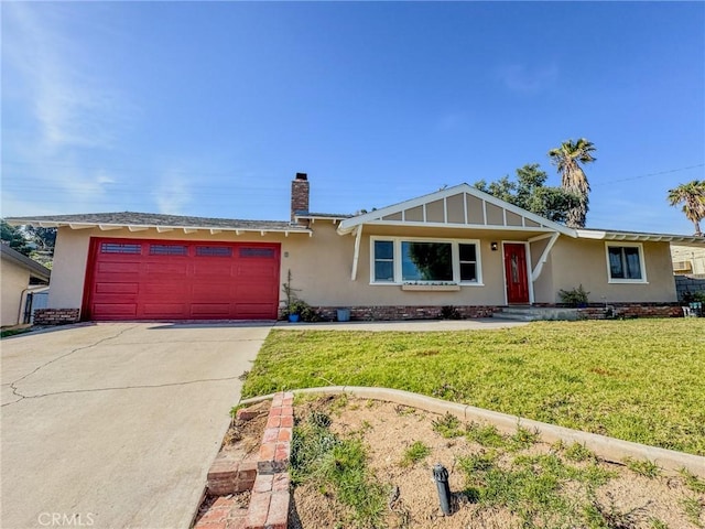 ranch-style home featuring a front lawn, an attached garage, driveway, a chimney, and stucco siding