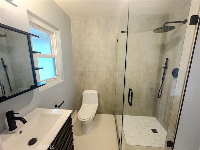 full bathroom with tile patterned floors, a shower stall, toilet, and vanity