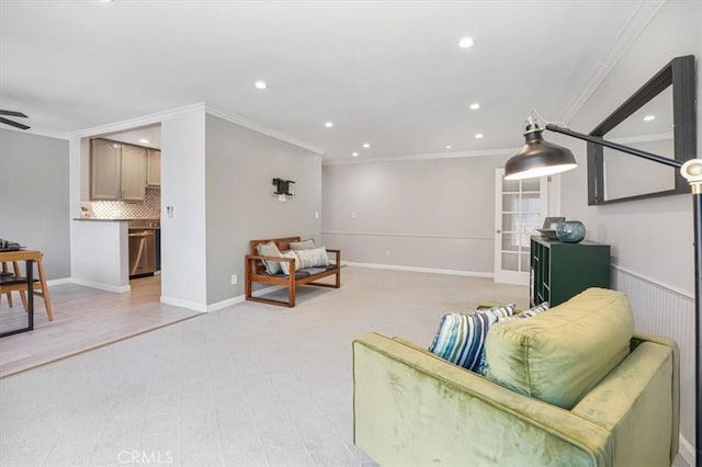 3649 Glendon Ave Unit 208, Los Angeles, CA 90034 - living area with crown molding, ceiling fan, baseboards, and recessed lighting