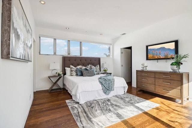 bedroom with recessed lighting, baseboards, visible vents, and dark wood-type flooring