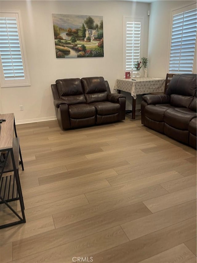 living room featuring wood finished floors and baseboards