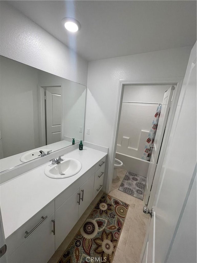 full bath with vanity, toilet, and shower / bathtub combination with curtain