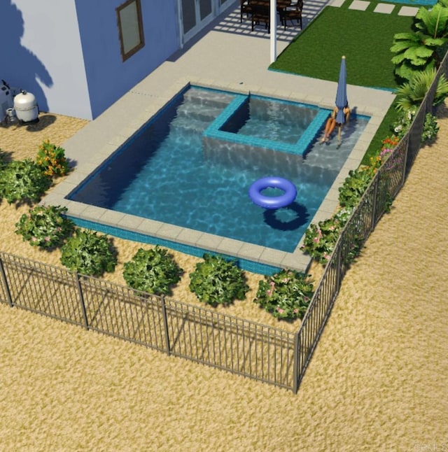 view of pool featuring an in ground hot tub, fence, and a patio