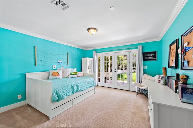 34501 Calle Carmelita, Dana Point, CA 92624 - bedroom featuring crown molding, french doors, carpet flooring, access to outside, and visible vents