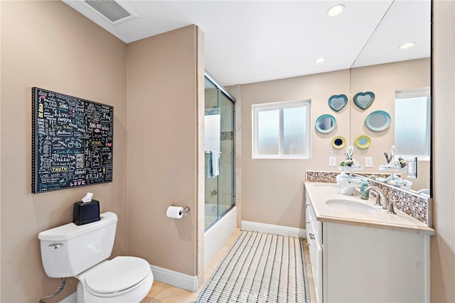 34501 Calle Carmelita, Dana Point, CA 92624 - full bath with shower / bath combination with glass door, vanity, toilet, tile patterned floors, and visible vents