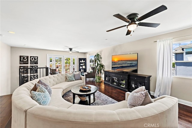 34501 Calle Carmelita, Dana Point, CA 92624 - living room with baseboards, ceiling fan, wood finished floors, and french doors